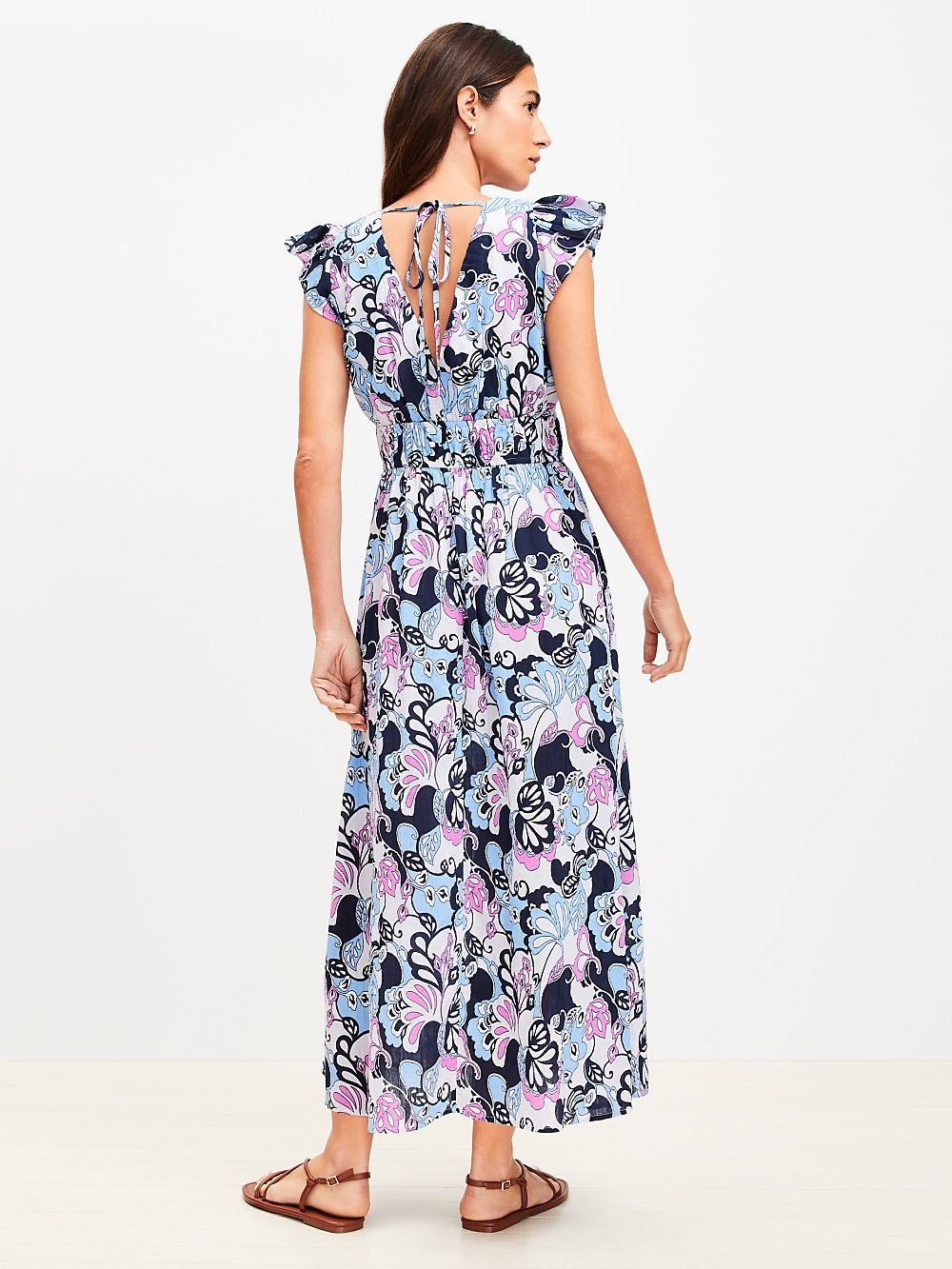 LOFT Beach Floral Ruffle Sleeve Maxi Pocket Dress NWT L - Picture 3 of 3
